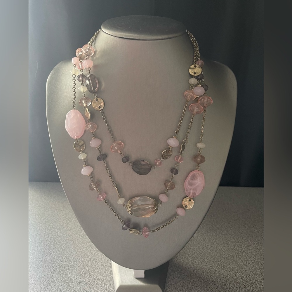 Vintage Multi Strand Faux Pink & Clear Stone Neclace